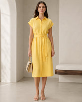 Women’s Yellow Cotton Belted Shirt Midi Dress