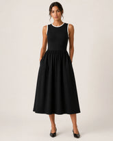 Women’s Black Lycra Fit & Flare Midi Dress | Sleeveless Dress