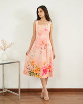 Women’s Peach Floral Lycra Midi Dress | Fit & Flare Dress