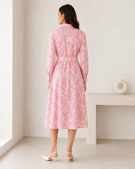 Women’s Pink Floral Cotton Shirt Midi Dress with Waist Tie