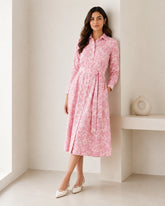 Women’s Pink Floral Cotton Shirt Midi Dress with Waist Tie