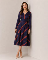 Women’s Navy Blue Striped Satin Midi Dress | Fit-and-Flare Dress
