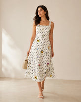 Women’s Ivory Polka-Dot Floral Satin Midi Dress
