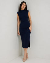 Women’s Navy Blue Lycra Body-con Midi Dress | High-Neck Dress