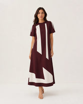 Women’s Wine Colour-Block Lycra Midi Dress | A-Line Dress