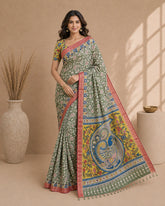 Kalamkari Floral Saree with Peacock Pallu | Cotton Silk Saree with Contrast Blouse | Elegant Ethnic Wear for Festive & Casual
