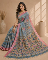 Elegant Kalamkari Floral Cotton Silk Saree with Striped Pallu & Contrast Blouse | Traditional Indian Ethnic Wear