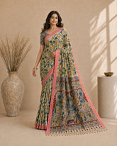Kalamkari Printed Cotton Silk Saree with Contrast Border & Designer Blouse Piece | Floral & Mythological Pallu Saree