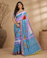 Kalamkari Cotton Silk Saree with Ocean Theme Design | Artistic Printed Saree with Blouse Piece | Elegant Ethnic Wear for Women