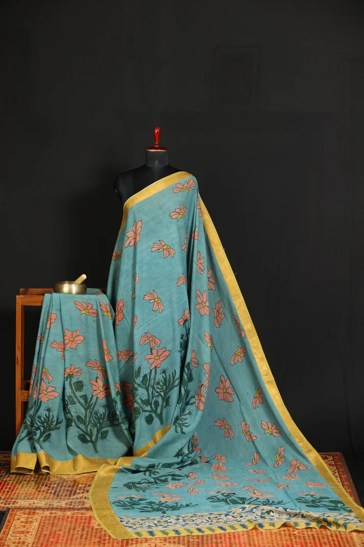 Teal Blue Kalamkari Floral Cotton Silk Saree with Gold Border | Elegant Ethnic Wear for Women