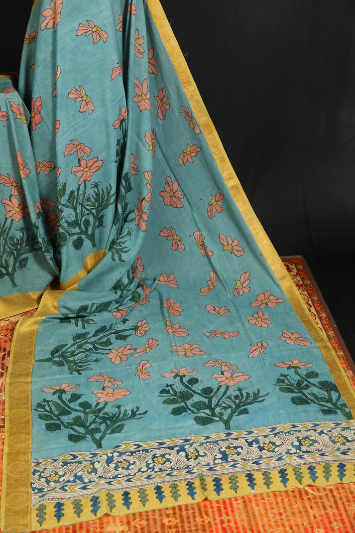 Teal Blue Kalamkari Floral Cotton Silk Saree with Gold Border | Elegant Ethnic Wear for Women