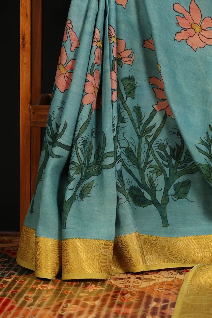 Teal Blue Kalamkari Floral Cotton Silk Saree with Gold Border | Elegant Ethnic Wear for Women