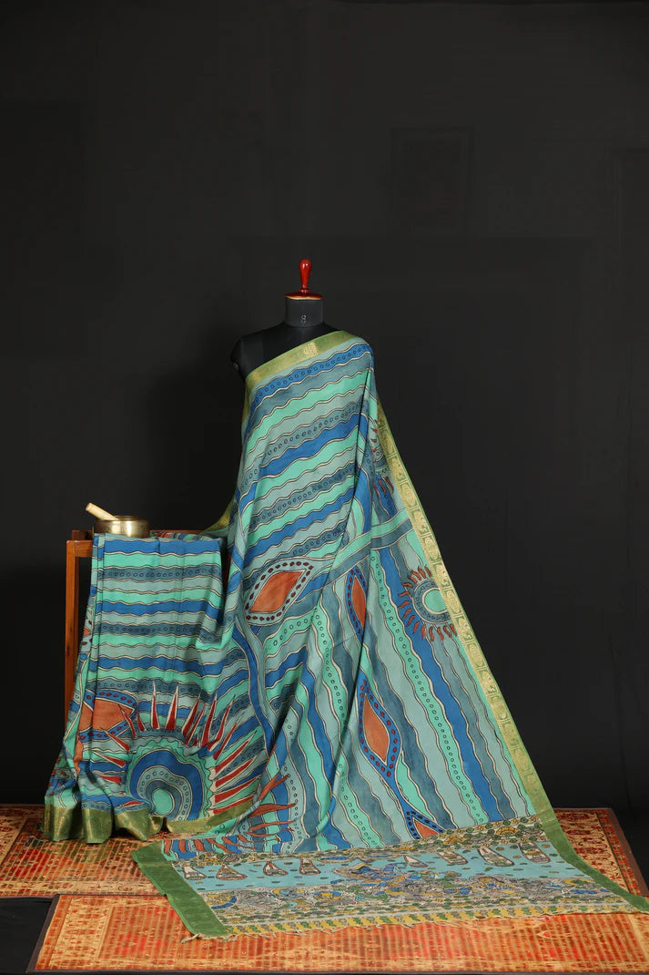 Elegant Kalamkari Cotton Silk Saree in Aqua Blue with Artistic Traditional Motifs