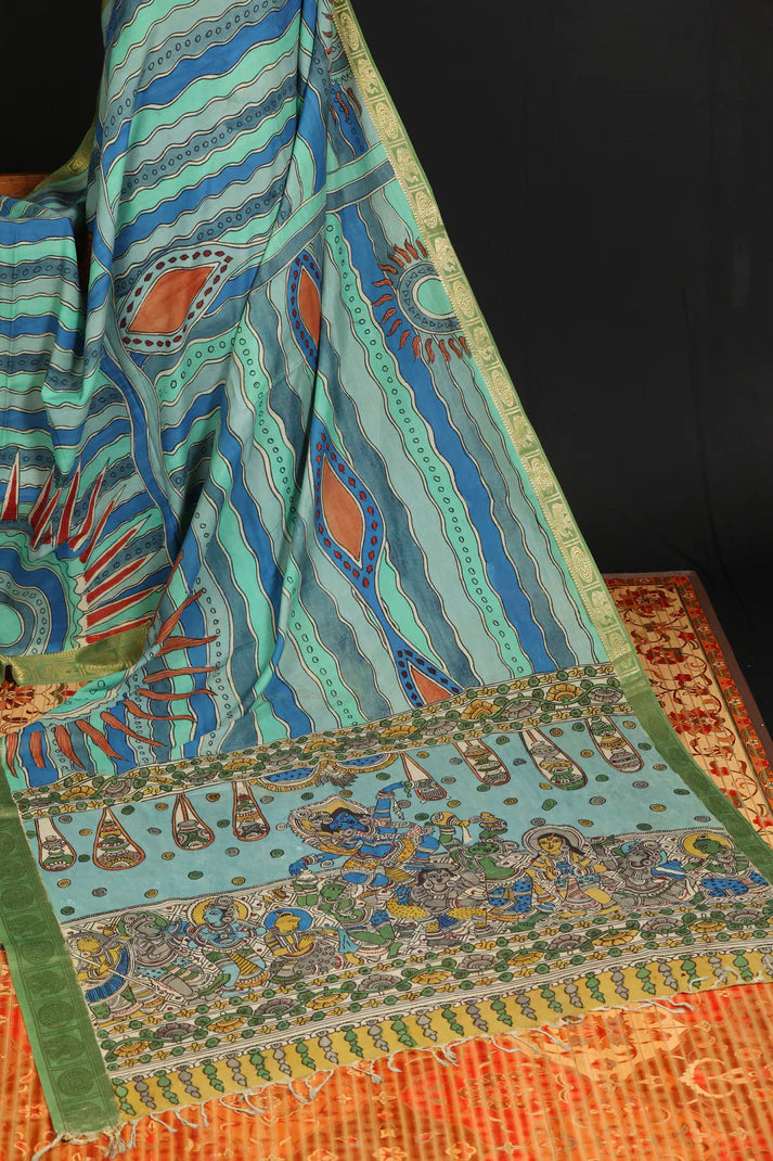 Elegant Kalamkari Cotton Silk Saree in Aqua Blue with Artistic Traditional Motifs