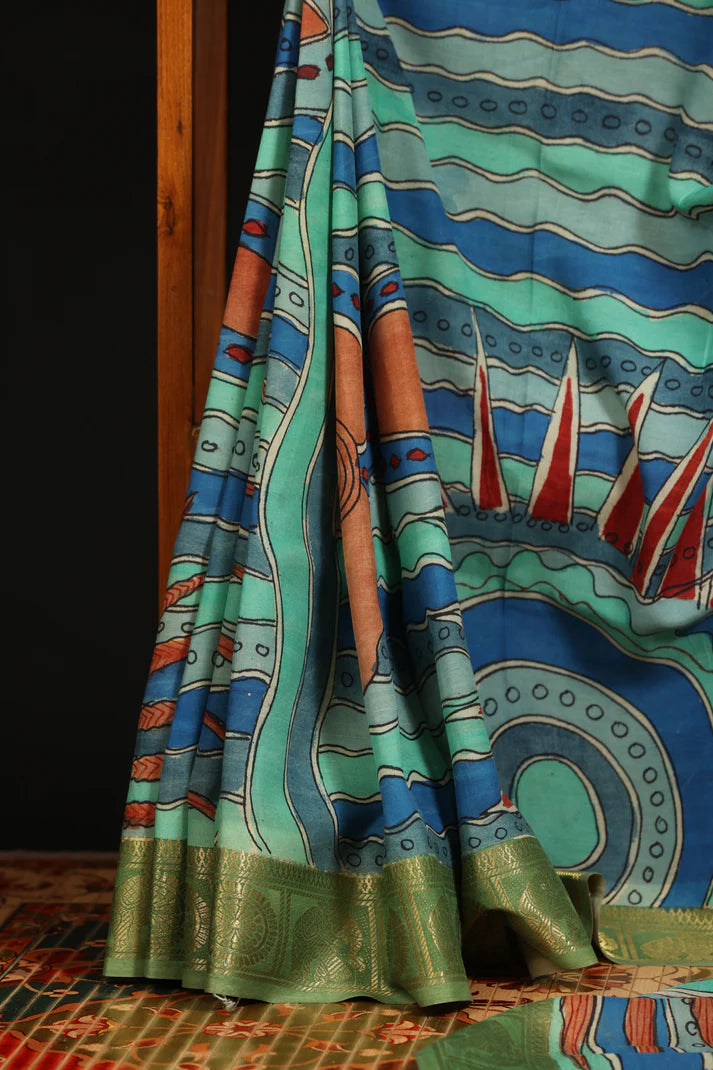 Elegant Kalamkari Cotton Silk Saree in Aqua Blue with Artistic Traditional Motifs