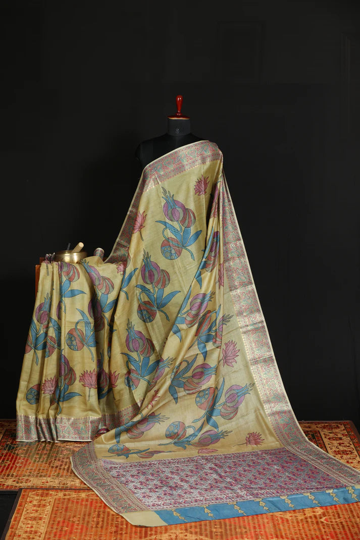 Kalamkari Cotton Silk Saree with Floral Motifs | Elegant Ethnic Wear Saree for Festive, Casual & Traditional Occasions