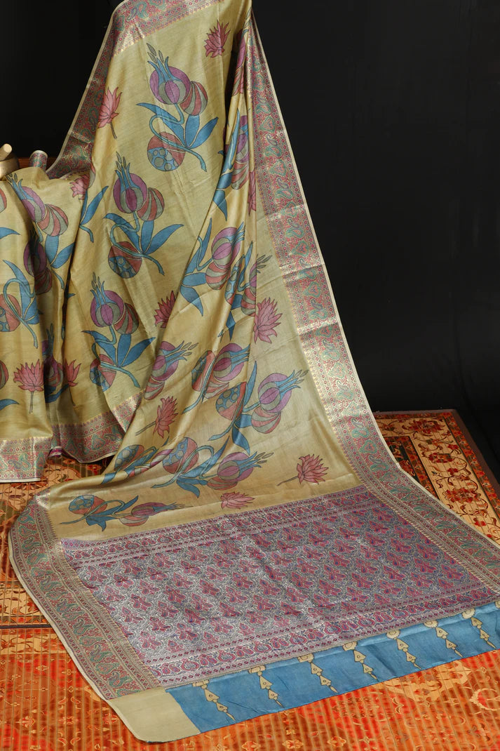 Kalamkari Cotton Silk Saree with Floral Motifs | Elegant Ethnic Wear Saree for Festive, Casual & Traditional Occasions
