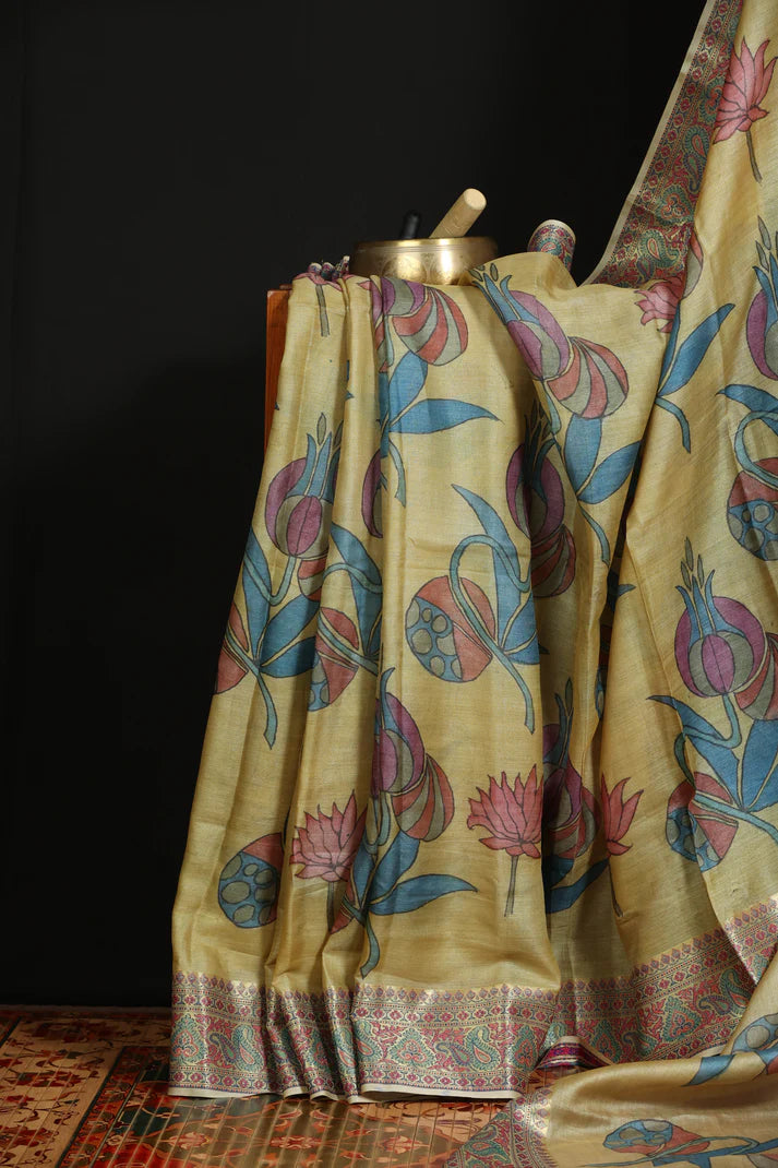 Kalamkari Cotton Silk Saree with Floral Motifs | Elegant Ethnic Wear Saree for Festive, Casual & Traditional Occasions
