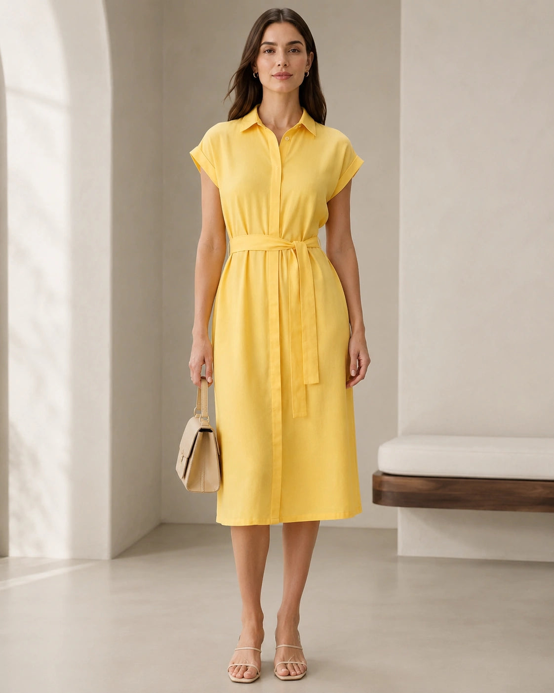 Women’s Yellow Cotton Belted Shirt Midi Dress