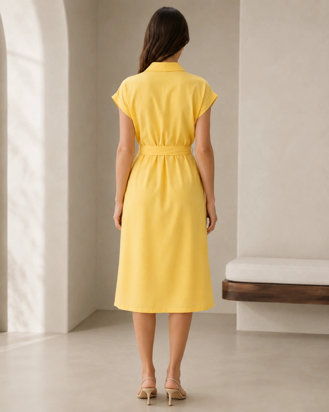 Women’s Yellow Cotton Belted Shirt Midi Dress