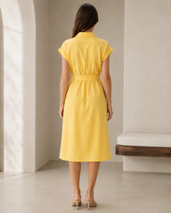 Women’s Yellow Cotton Belted Shirt Midi Dress