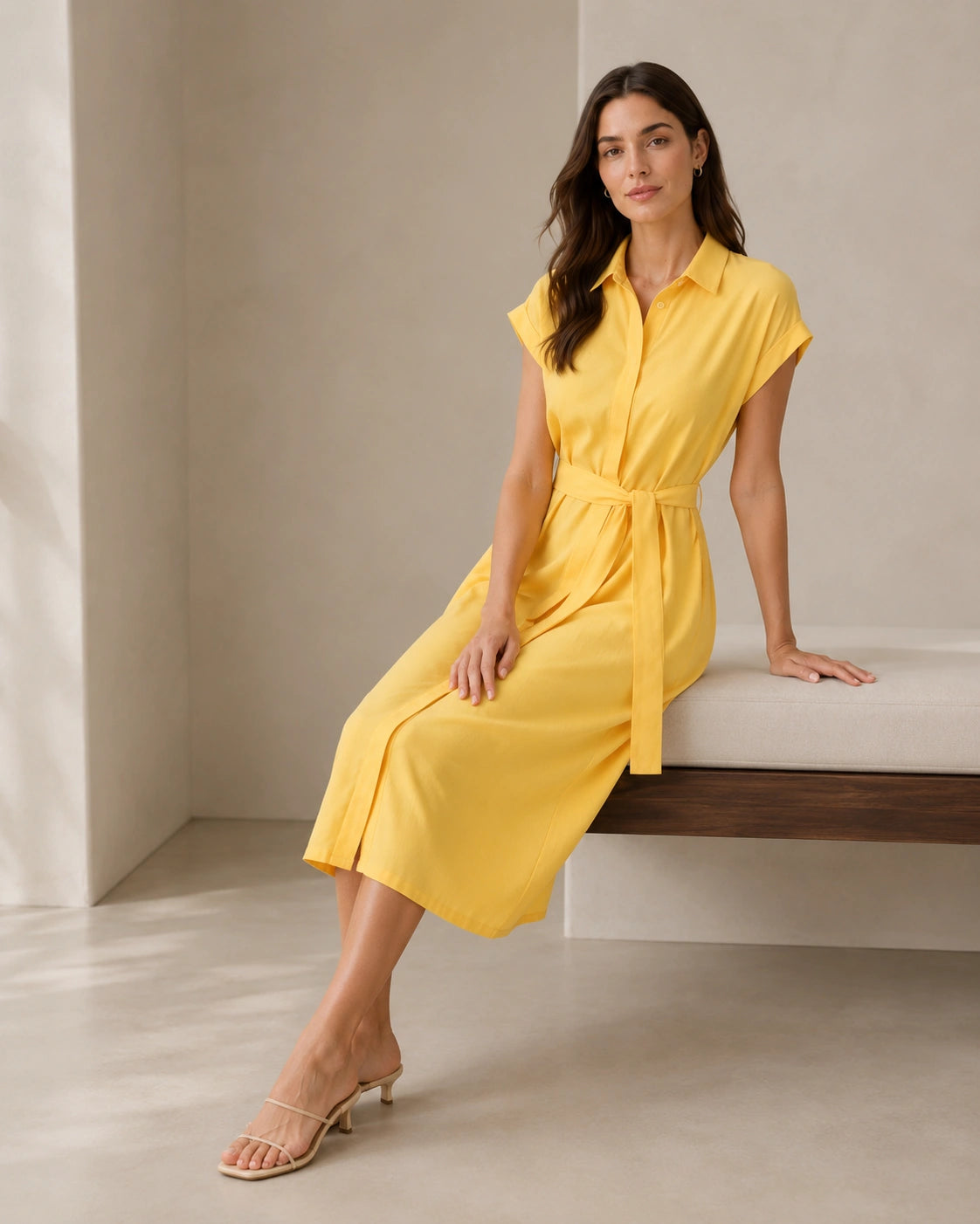Women’s Yellow Cotton Belted Shirt Midi Dress
