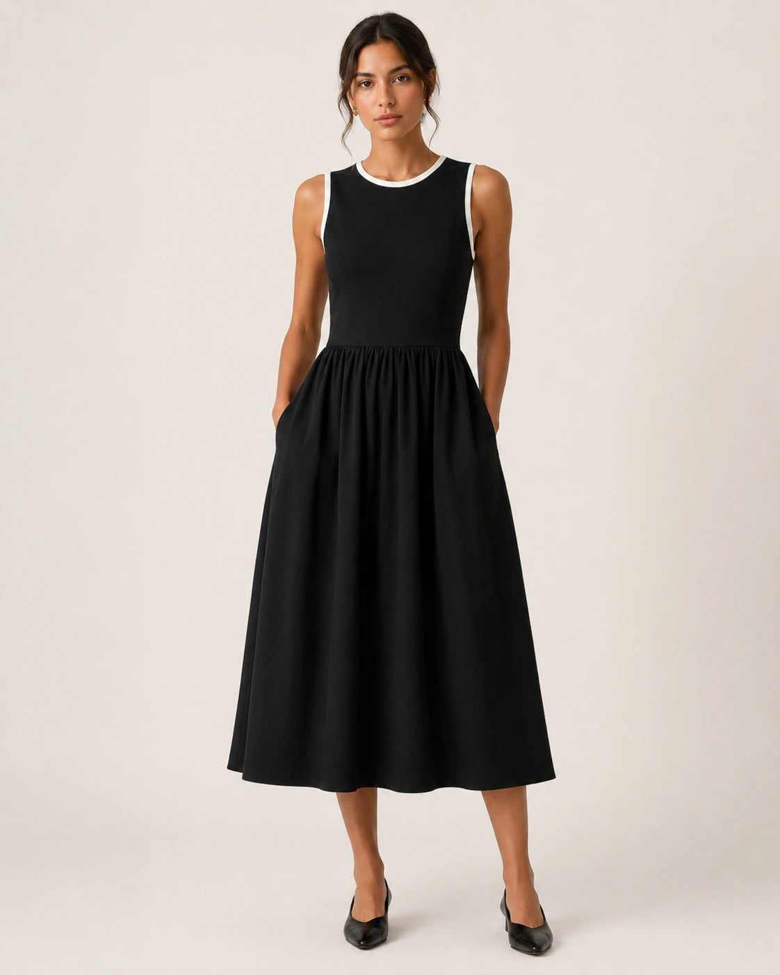 Women’s Black Lycra Fit & Flare Midi Dress | Sleeveless Dress