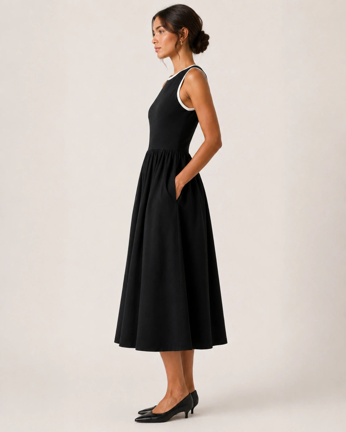 Women’s Black Lycra Fit & Flare Midi Dress | Sleeveless Dress