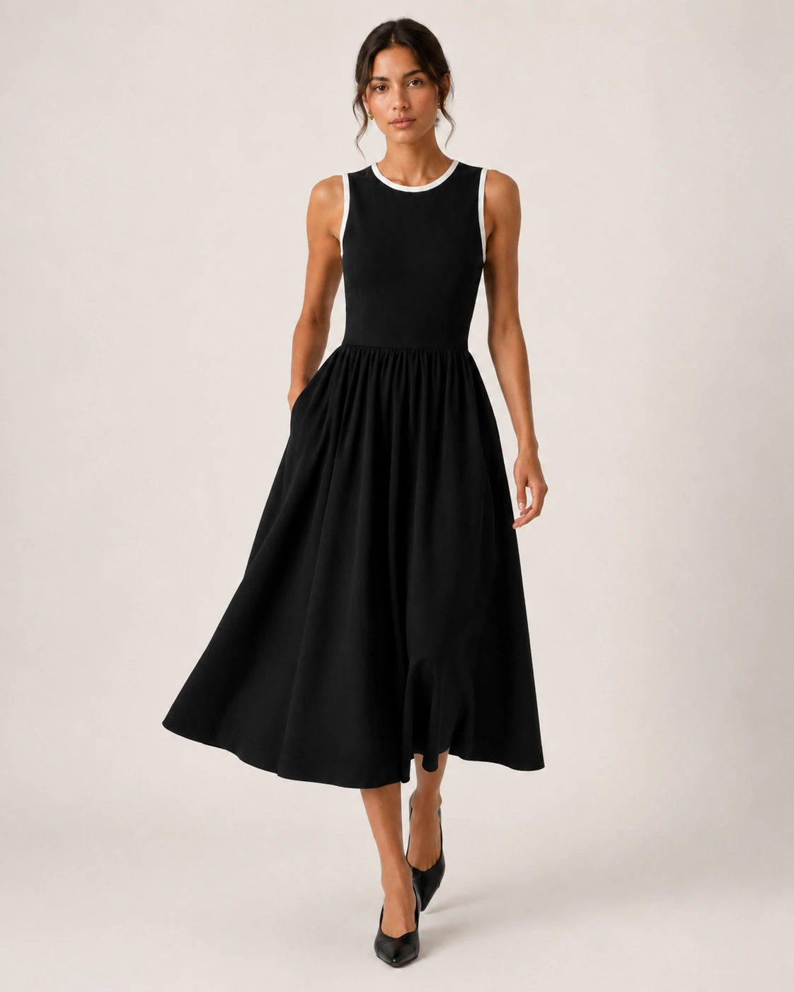 Women’s Black Lycra Fit & Flare Midi Dress | Sleeveless Dress