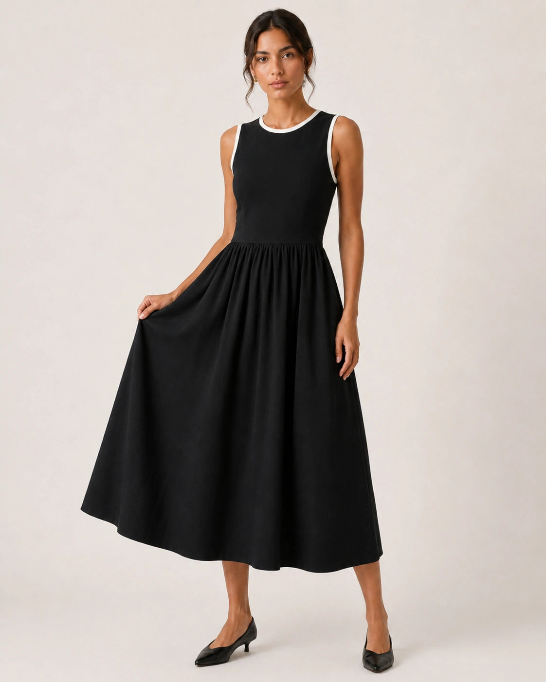 Women’s Black Lycra Fit & Flare Midi Dress | Sleeveless Dress