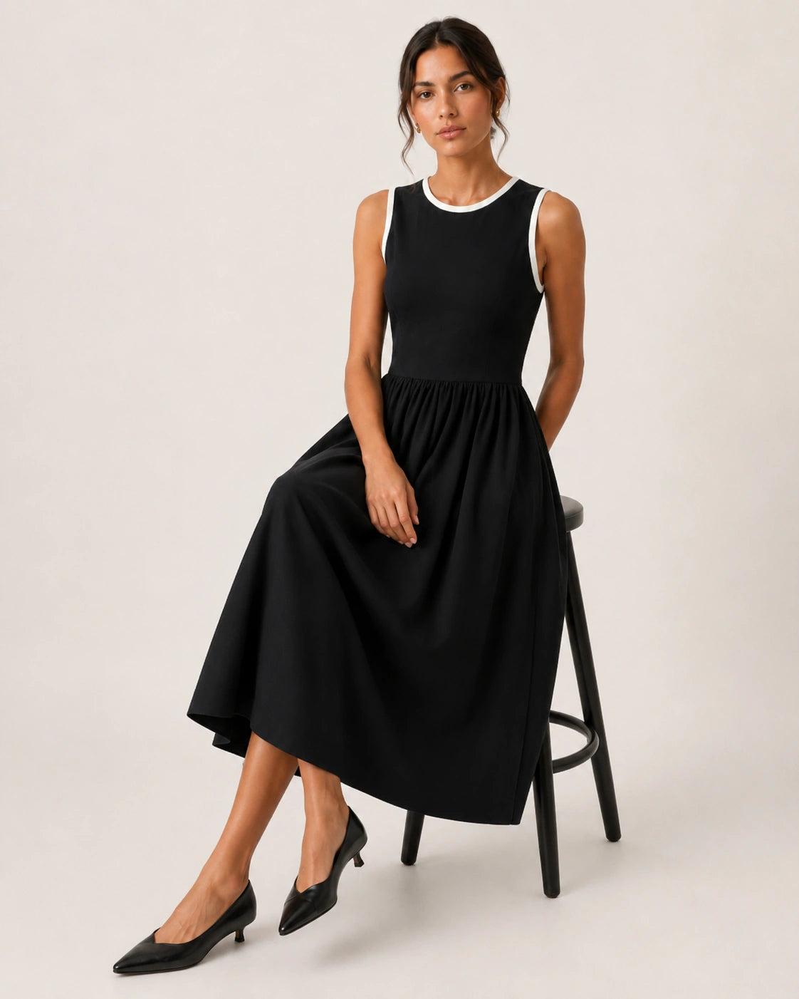 Women’s Black Lycra Fit & Flare Midi Dress | Sleeveless Dress