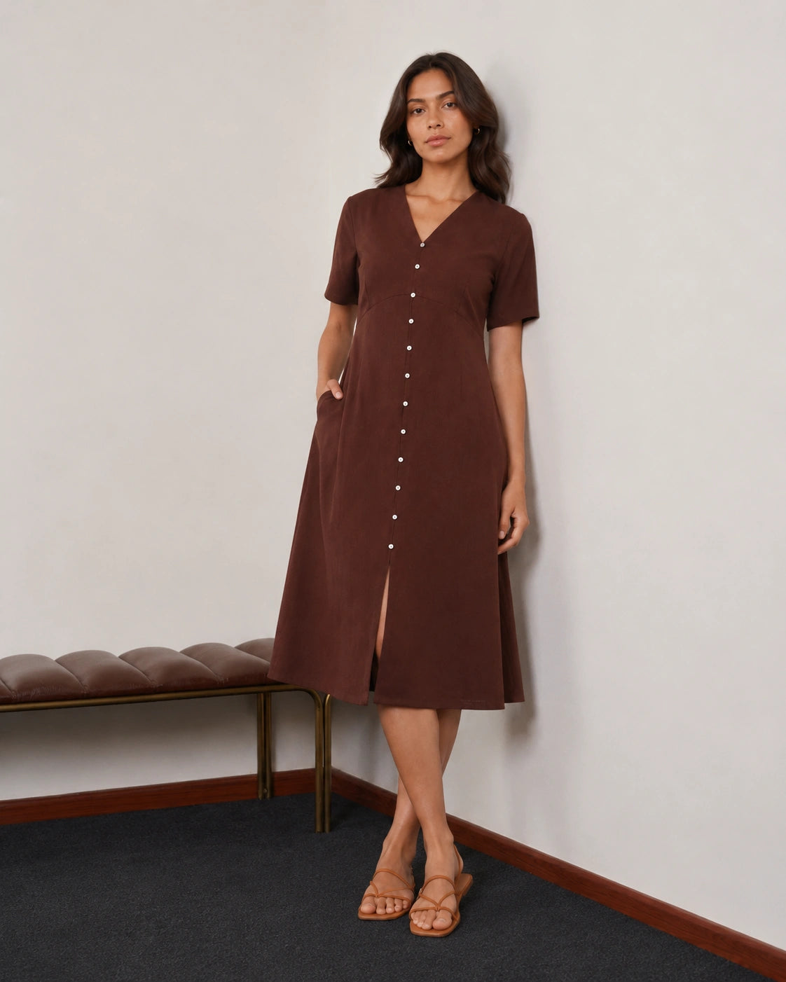 Women’s Chocolate Brown Cotton Midi Dress | V-Neck Dress