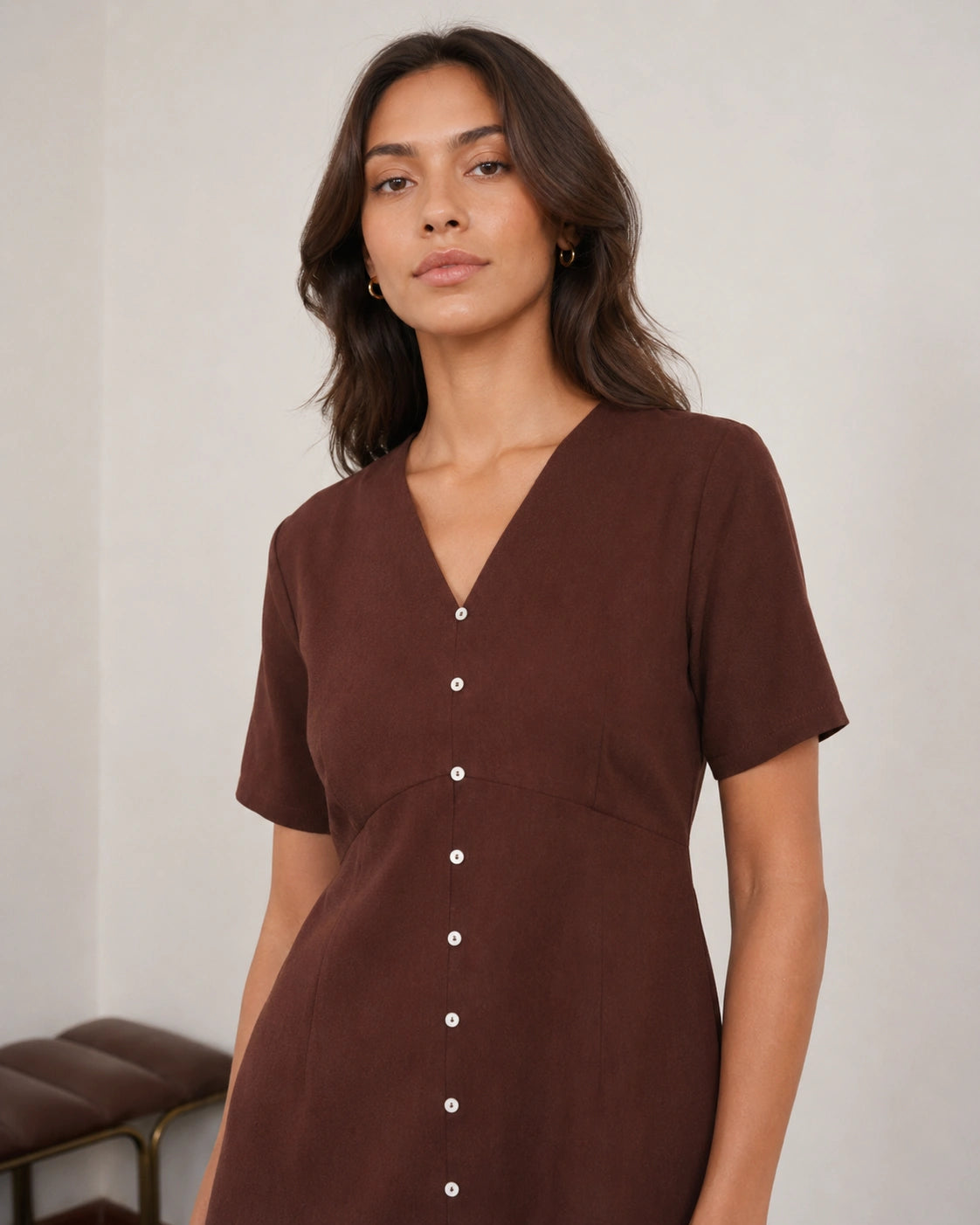 Women’s Chocolate Brown Cotton Midi Dress | V-Neck Dress