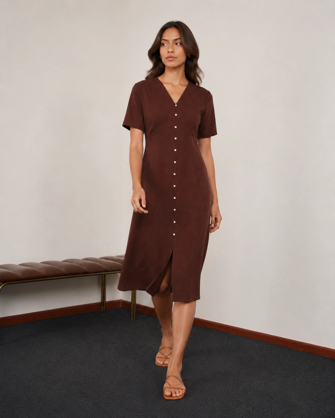 Women’s Chocolate Brown Cotton Midi Dress | V-Neck Dress