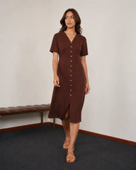 Women’s Chocolate Brown Cotton Midi Dress | V-Neck Dress