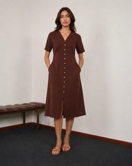 Women’s Chocolate Brown Cotton Midi Dress | V-Neck Dress