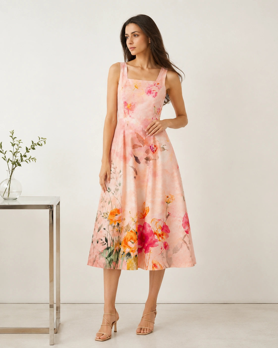 Women’s Peach Floral Lycra Midi Dress | Fit & Flare Dress