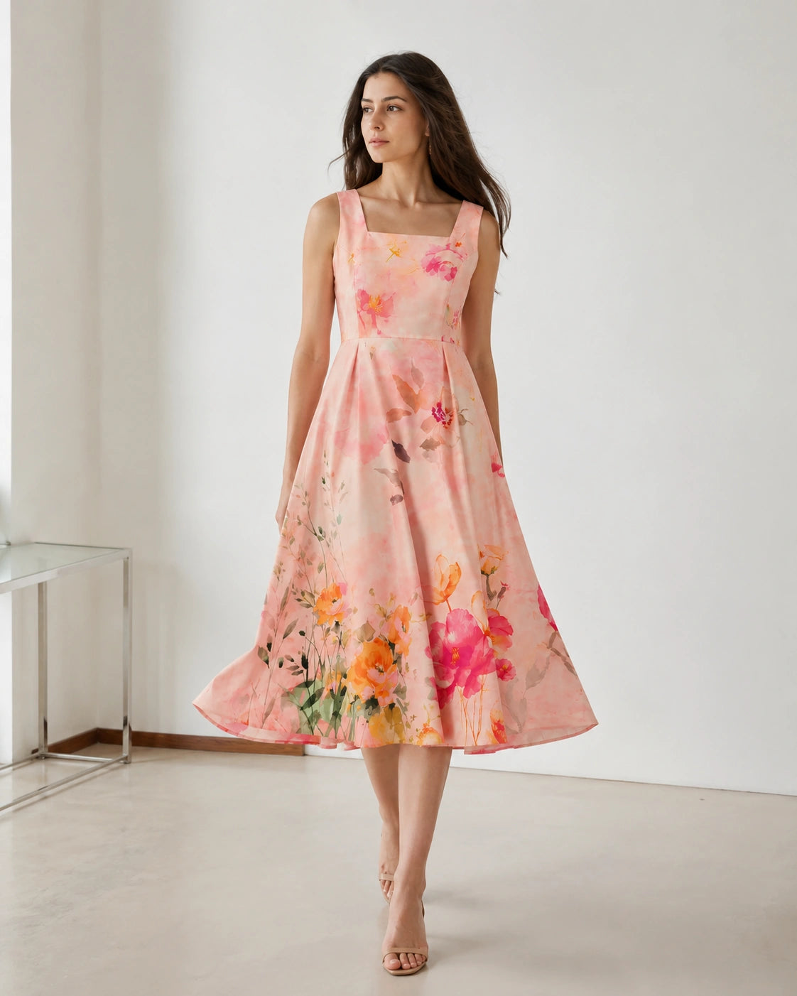 Women’s Peach Floral Lycra Midi Dress | Fit & Flare Dress