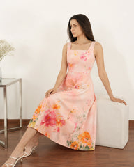 Women’s Peach Floral Lycra Midi Dress | Fit & Flare Dress