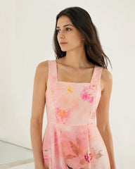 Women’s Peach Floral Lycra Midi Dress | Fit & Flare Dress