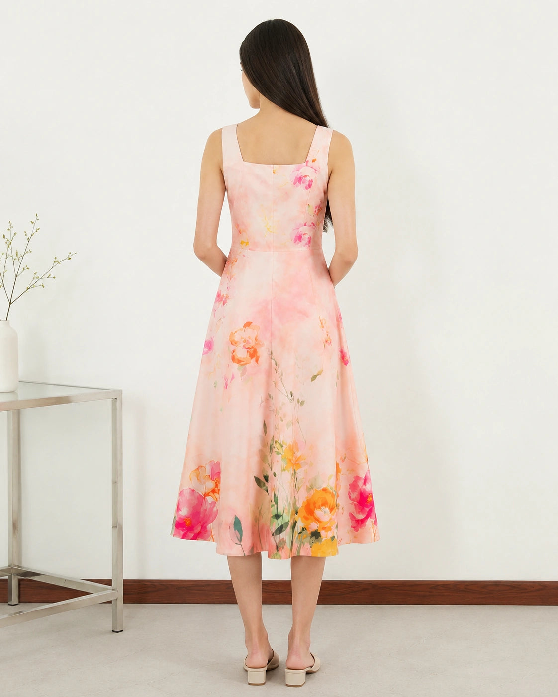 Women’s Peach Floral Lycra Midi Dress | Fit & Flare Dress