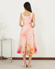 Women’s Peach Floral Lycra Midi Dress | Fit & Flare Dress