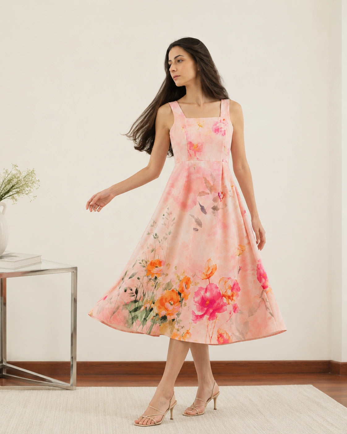 Women’s Peach Floral Lycra Midi Dress | Fit & Flare Dress