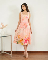 Women’s Peach Floral Lycra Midi Dress | Fit & Flare Dress