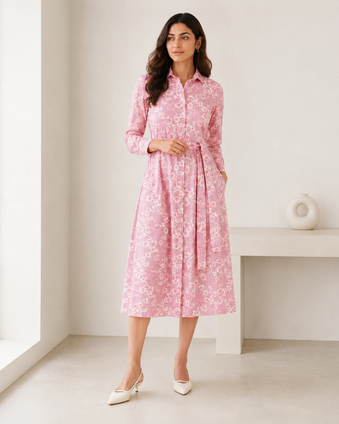 Women’s Pink Floral Cotton Shirt Midi Dress with Waist Tie