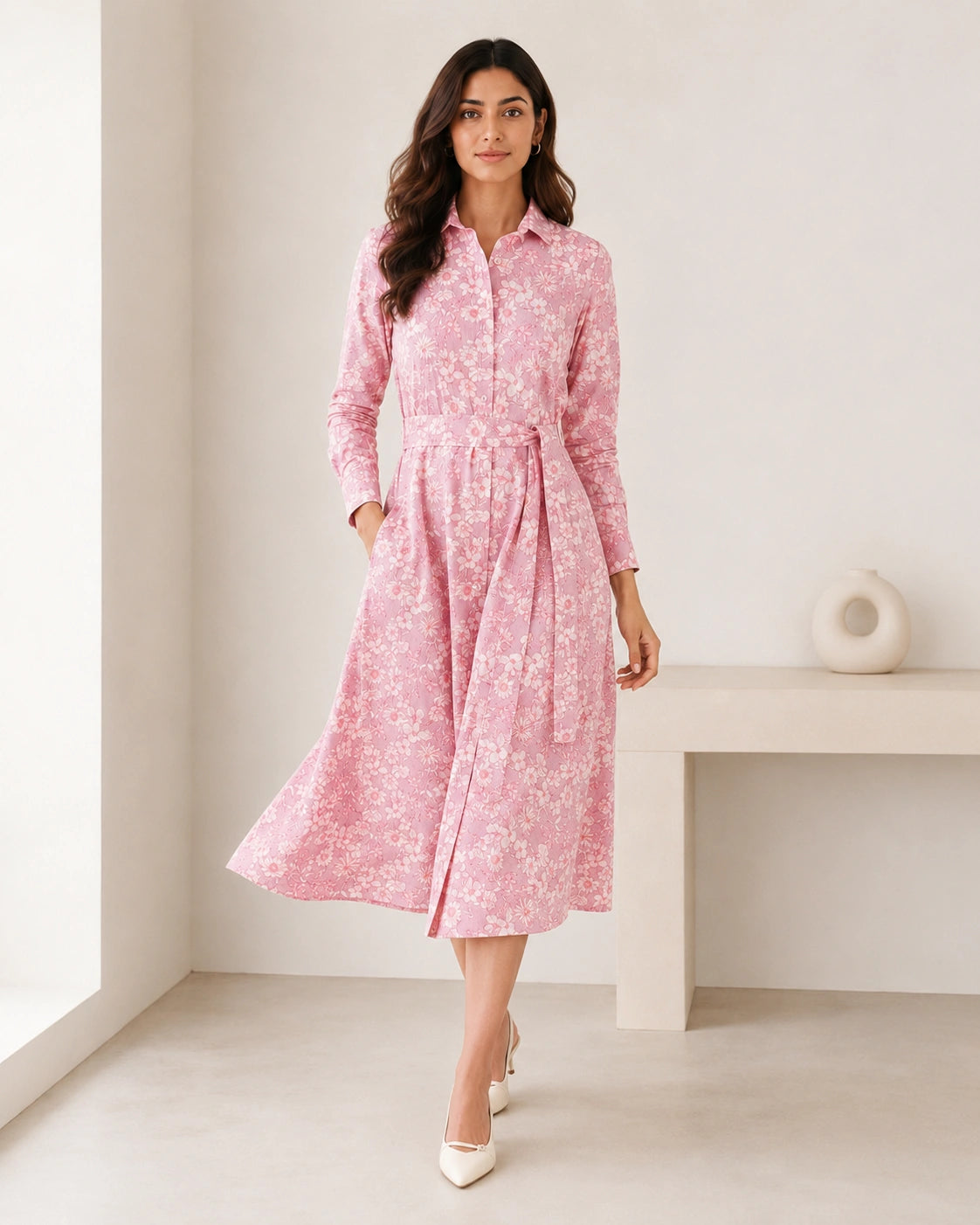 Women’s Pink Floral Cotton Shirt Midi Dress with Waist Tie