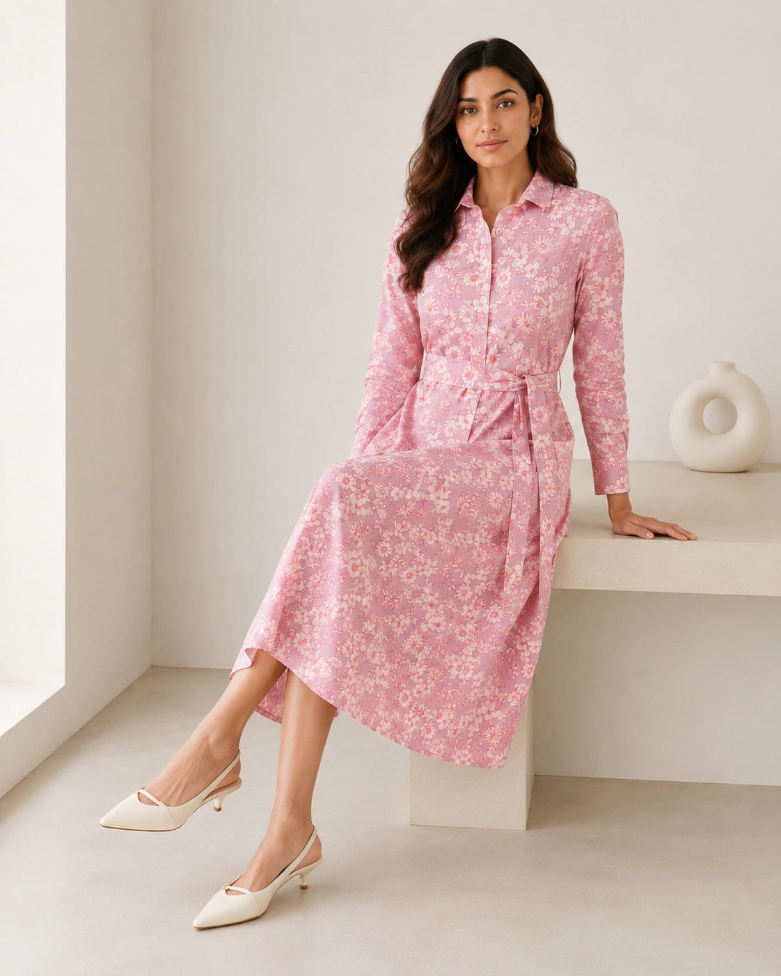 Women’s Pink Floral Cotton Shirt Midi Dress with Waist Tie