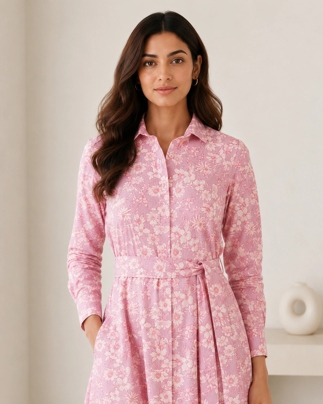 Women’s Pink Floral Cotton Shirt Midi Dress with Waist Tie