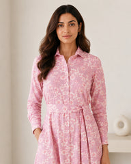 Women’s Pink Floral Cotton Shirt Midi Dress with Waist Tie