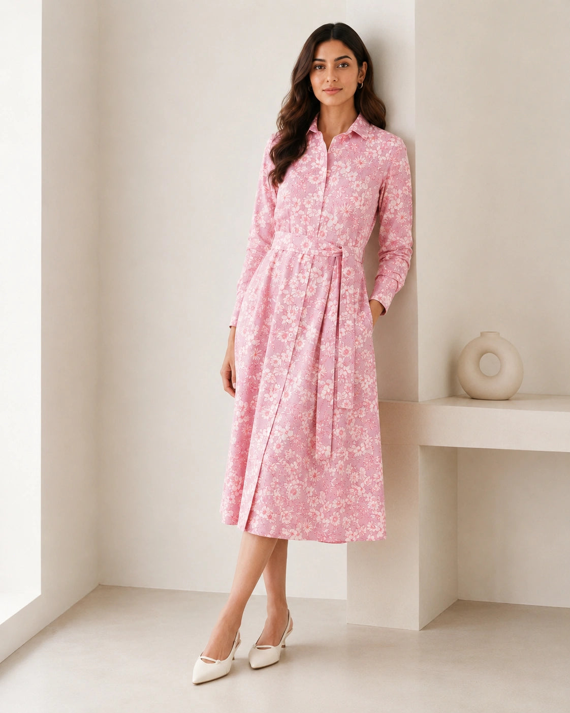 Women’s Pink Floral Cotton Shirt Midi Dress with Waist Tie